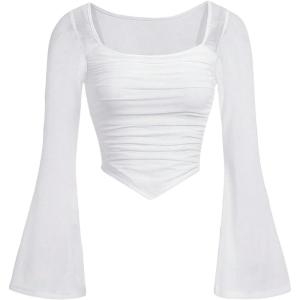 image:imageFloerns Girls Bell Long Sleeve Square Neck Asymmetrical Hem Mesh Ruched Crop Tops TeesWhite