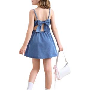 image:imageFloerns Girls Cut Out Bow Tie Back Mini Denim Dress Spaghetti Strap A Line DressesLight Wash
