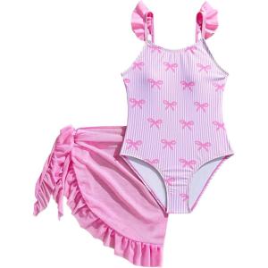 image:imageFloerns Girls One Piece Swimsuit Cute Bow Striped Print Bating Suit with Beach Cover Up SkirtPink