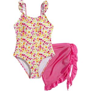image:imageFloerns Girls One Piece Swimsuit Cute Bow Striped Print Bating Suit with Beach Cover Up SkirtPink White