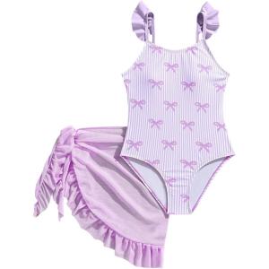 image:imageFloerns Girls One Piece Swimsuit Cute Bow Striped Print Bating Suit with Beach Cover Up SkirtPurple