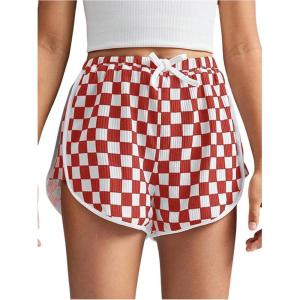 image:imageFloerns Girls Plaid Print Track Shorts High Waisted Straight Leg Casual ShortsRed