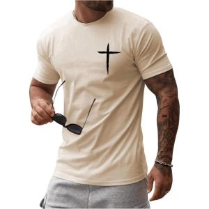 image:imageFloerns Mens Cross Print Short Sleeve T Shirt Crewneck Tee ShirtsApricot