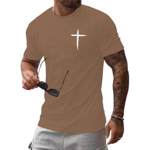 image:imageFloerns Mens Cross Print Short Sleeve T Shirt Crewneck Tee ShirtsCoffee Brown