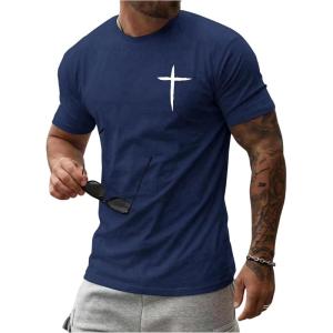 image:imageFloerns Mens Cross Print Short Sleeve T Shirt Crewneck Tee ShirtsDark Blue