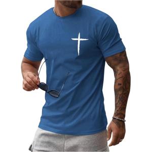 image:imageFloerns Mens Cross Print Short Sleeve T Shirt Crewneck Tee ShirtsDusty Blue