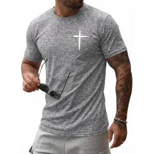 image:imageFloerns Mens Cross Print Short Sleeve T Shirt Crewneck Tee ShirtsSoft Grey