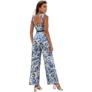 image:imageFloerns Womens 2 Piece Summer Outfit Floral Print Knot Shoulder Zip Back Crop Cami Top and Maxi Pants SetLight Multi Flower