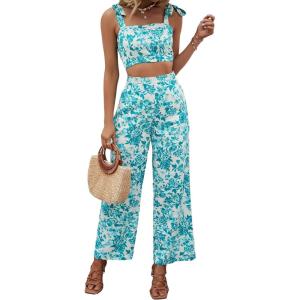 image:imageFloerns Womens 2 Piece Summer Outfit Floral Print Knot Shoulder Zip Back Crop Cami Top and Maxi Pants SetMint Blue and White