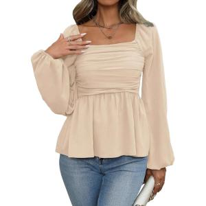 image:imageFloerns Womens Bishop Long Sleeve Ruched Square Neck Ruffle Hem Peplum Blouse TopApricot Solid