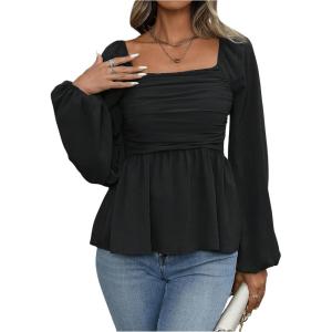 image:imageFloerns Womens Bishop Long Sleeve Ruched Square Neck Ruffle Hem Peplum Blouse TopBlack