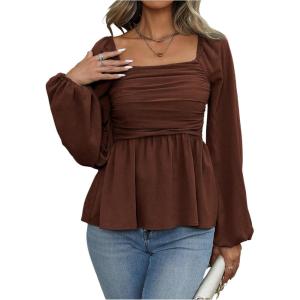 image:imageFloerns Womens Bishop Long Sleeve Ruched Square Neck Ruffle Hem Peplum Blouse TopCoffee Brown