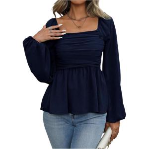 image:imageFloerns Womens Bishop Long Sleeve Ruched Square Neck Ruffle Hem Peplum Blouse TopDark Blue