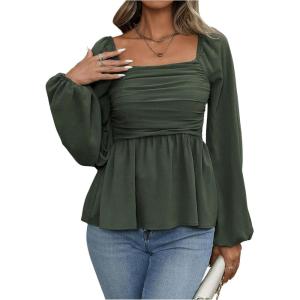 image:imageFloerns Womens Bishop Long Sleeve Ruched Square Neck Ruffle Hem Peplum Blouse TopGreen