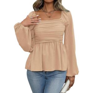 image:imageFloerns Womens Bishop Long Sleeve Ruched Square Neck Ruffle Hem Peplum Blouse TopKhaki