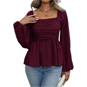 image:imageFloerns Womens Bishop Long Sleeve Ruched Square Neck Ruffle Hem Peplum Blouse TopMaroon