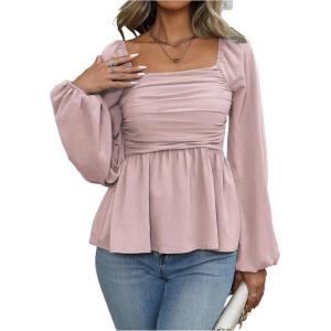 image:imageFloerns Womens Bishop Long Sleeve Ruched Square Neck Ruffle Hem Peplum Blouse TopPink
