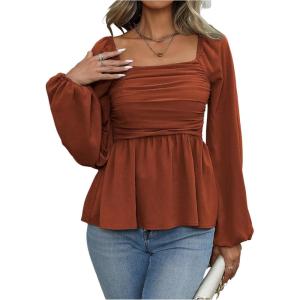 image:imageFloerns Womens Bishop Long Sleeve Ruched Square Neck Ruffle Hem Peplum Blouse TopRust Brown
