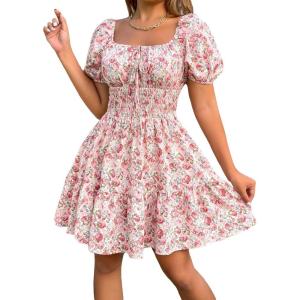 image:imageFloerns Womens Boho Square Neck Puff Short Sleeve Self Tie Front A Line DressA Pink