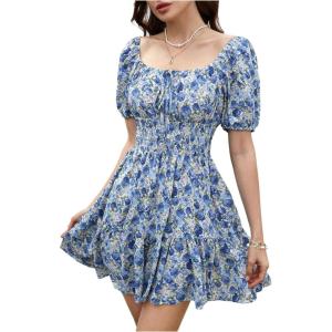 image:imageFloerns Womens Boho Square Neck Puff Short Sleeve Self Tie Front A Line DressBlue Floral
