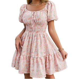 image:imageFloerns Womens Boho Square Neck Puff Short Sleeve Self Tie Front A Line DressFloral Pink