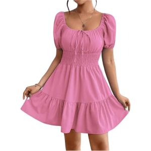 image:imageFloerns Womens Boho Square Neck Puff Short Sleeve Self Tie Front A Line DressLight Pink