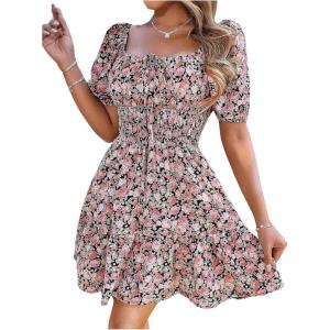 image:imageFloerns Womens Boho Square Neck Puff Short Sleeve Self Tie Front A Line DressMulti Black Pink
