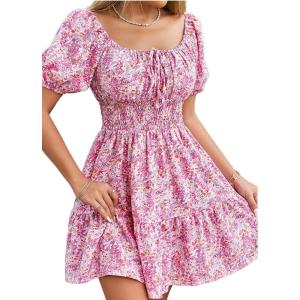 image:imageFloerns Womens Boho Square Neck Puff Short Sleeve Self Tie Front A Line DressPink Multi