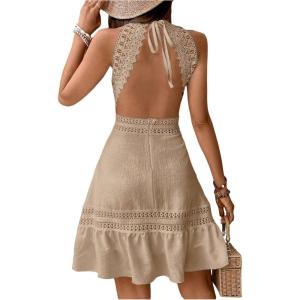 image:imageFloerns Womens Contrast Lace Sleeveless Halter Dress Backless Vacation A Line DressKhaki