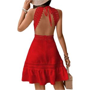 image:imageFloerns Womens Contrast Lace Sleeveless Halter Dress Backless Vacation A Line DressRed