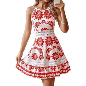image:imageFloerns Womens Contrast Lace Sleeveless Halter Dress Backless Vacation A Line DressRed and White