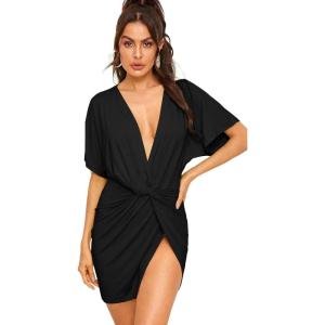 image:imageFloerns Womens Deep V Neck Twisted Plunging High Slit Mini Party DressA Black Pure