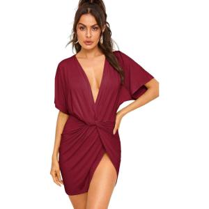 image:imageFloerns Womens Deep V Neck Twisted Plunging High Slit Mini Party DressBurgundy