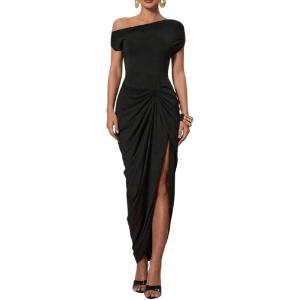 image:imageFloerns Womens Elegant Long Dress Asymmetrical Off Shoulder Ruched Slit Bodycon Cocktail DressesBlack