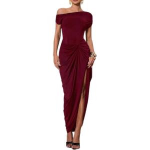 image:imageFloerns Womens Elegant Long Dress Asymmetrical Off Shoulder Ruched Slit Bodycon Cocktail DressesBurgundy
