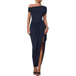 image:imageFloerns Womens Elegant Long Dress Asymmetrical Off Shoulder Ruched Slit Bodycon Cocktail DressesDark Blue