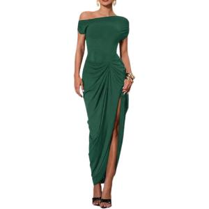 image:imageFloerns Womens Elegant Long Dress Asymmetrical Off Shoulder Ruched Slit Bodycon Cocktail DressesDark Green