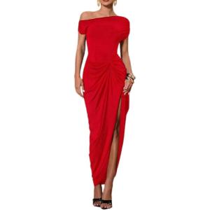 image:imageFloerns Womens Elegant Long Dress Asymmetrical Off Shoulder Ruched Slit Bodycon Cocktail DressesHot Red