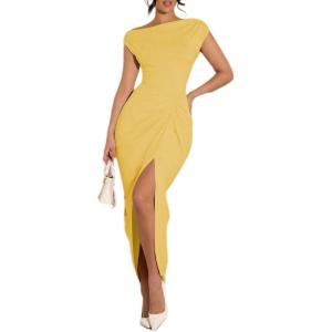 image:imageFloerns Womens Elegant Long Dress Asymmetrical Off Shoulder Ruched Slit Bodycon Cocktail DressesYellow