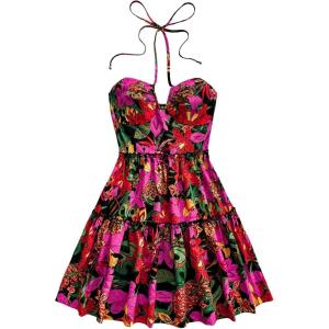 image:imageFloerns Womens Floral Sleeveless Halter Dress Milkmaid Flare Hem Boho Mini DressPurple