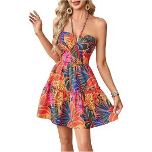 image:imageFloerns Womens Floral Sleeveless Halter Dress Milkmaid Flare Hem Boho Mini DressYellow Leopard