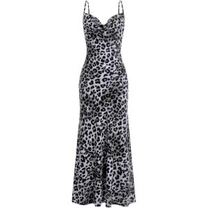 image:imageFloerns Womens Leopard Print Draped Collar Spaghetti Strap Cami Long DressBlack and White