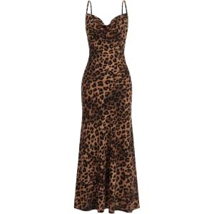 image:imageFloerns Womens Leopard Print Draped Collar Spaghetti Strap Cami Long DressBrown
