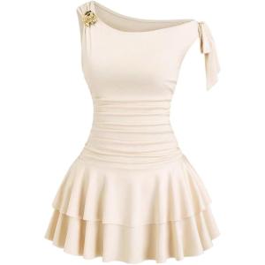 image:imageFloerns Womens Mini Dress Off The Shoulder Metal Floral Sleeveless Layered Hem Going Out DressesApricot