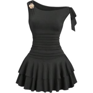 image:imageFloerns Womens Mini Dress Off The Shoulder Metal Floral Sleeveless Layered Hem Going Out DressesBlack