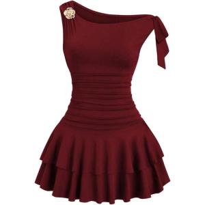 image:imageFloerns Womens Mini Dress Off The Shoulder Metal Floral Sleeveless Layered Hem Going Out DressesBurgundy
