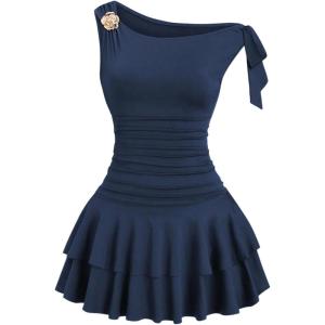 image:imageFloerns Womens Mini Dress Off The Shoulder Metal Floral Sleeveless Layered Hem Going Out DressesDark Blue