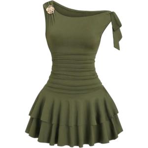 image:imageFloerns Womens Mini Dress Off The Shoulder Metal Floral Sleeveless Layered Hem Going Out DressesDark Green