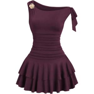 image:imageFloerns Womens Mini Dress Off The Shoulder Metal Floral Sleeveless Layered Hem Going Out DressesRed Violet