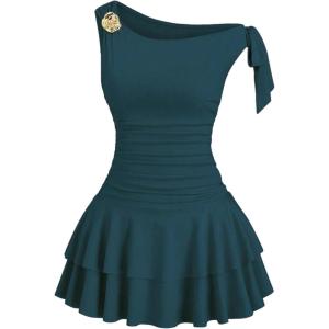 image:imageFloerns Womens Mini Dress Off The Shoulder Metal Floral Sleeveless Layered Hem Going Out DressesTeal Blue